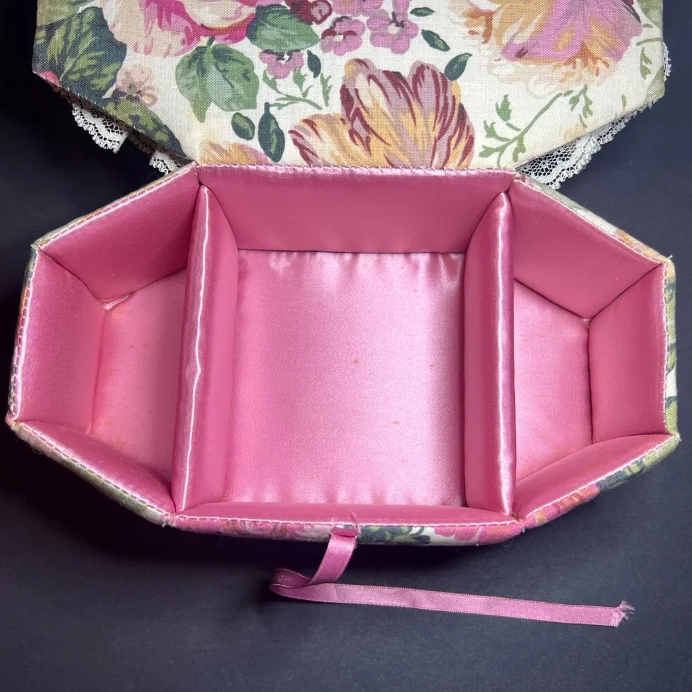 Vintage Ruffled Lace Ribbon & Floral Applique Fabric Octagon Jewelry Trinket Box